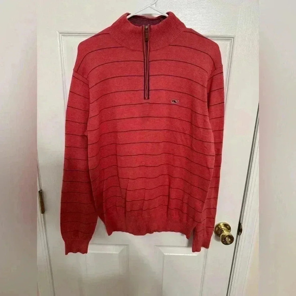 Vineyard Vines Salmon and Blue Striped Quarter Zip Sweater - Size M - Picture 2 of 10